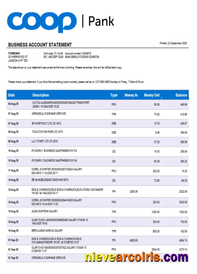 Coop Pank company checking account statement